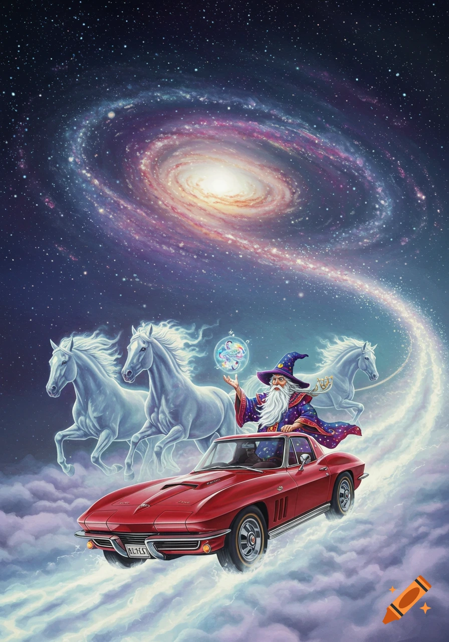 A wizard in a red vintage Corvette, pulled by three white ethereal horses, flies through space with a swirling galaxy in the background.