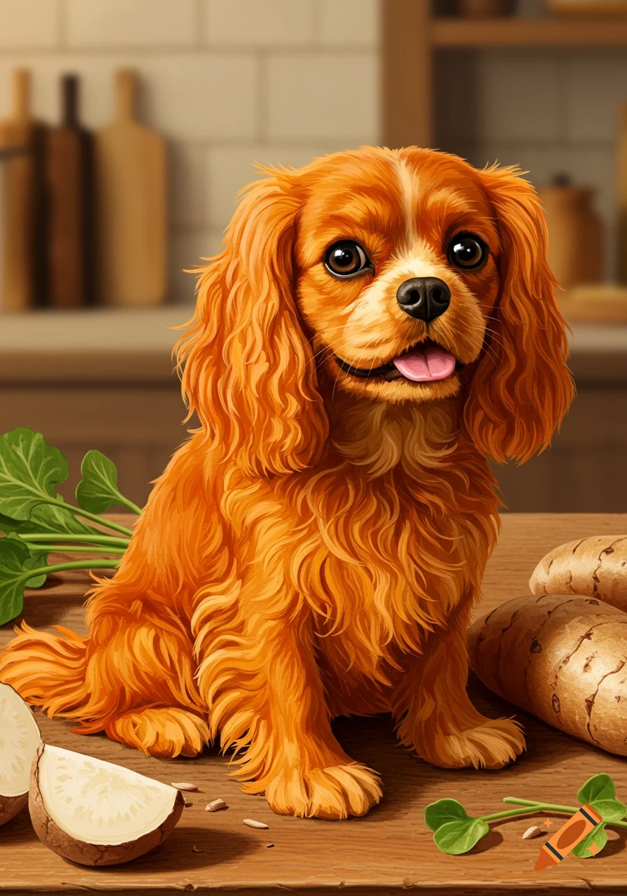 A cute Cavalier King Charles Spaniel dog, with fur textured like yams, sits on a kitchen counter next to yams and green leaves.