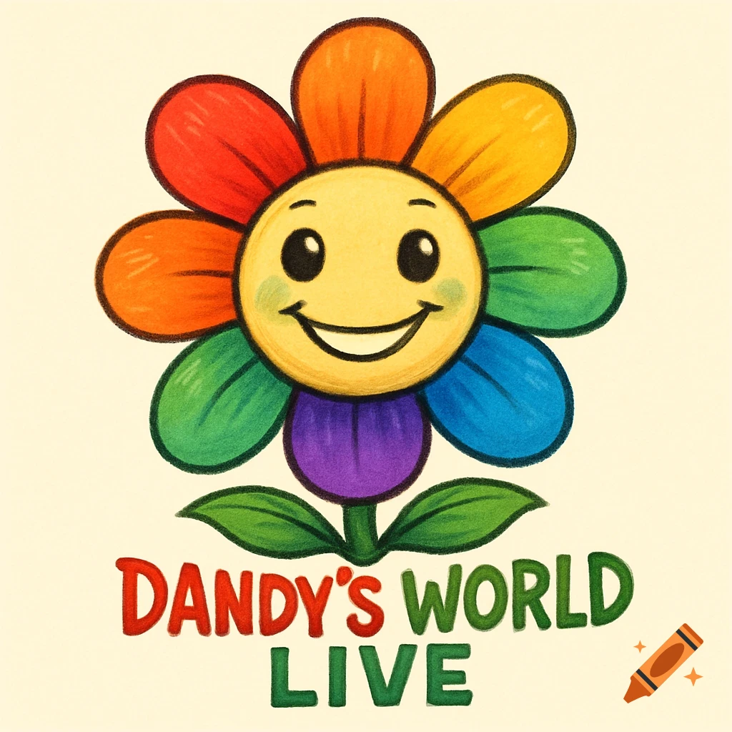 A cheerful cartoon flower with a yellow smiling face and rainbow-colored petals, with 'Dandy's World Live' text below.