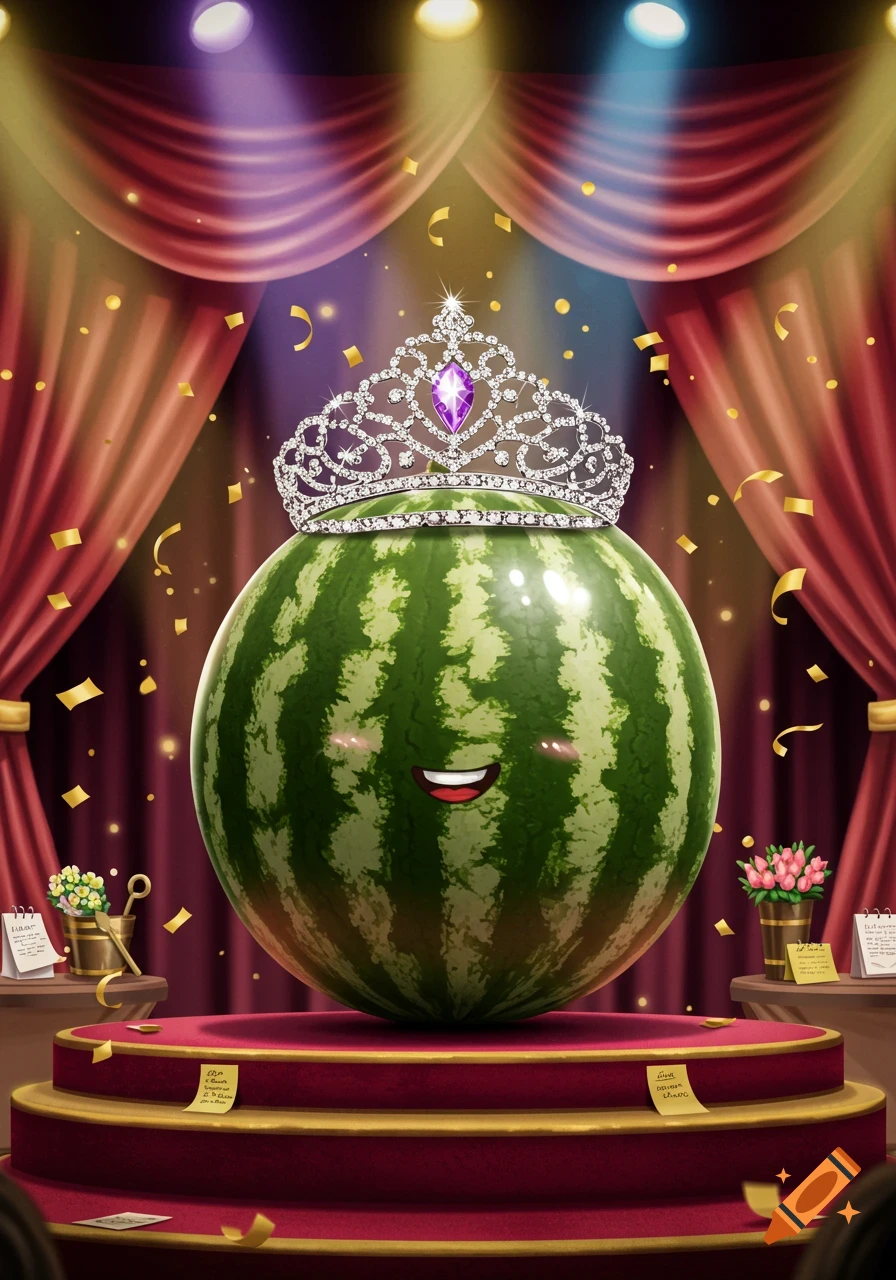 A smiling cartoon watermelon wearing a diamond crown on a red velvet stage with falling confetti.