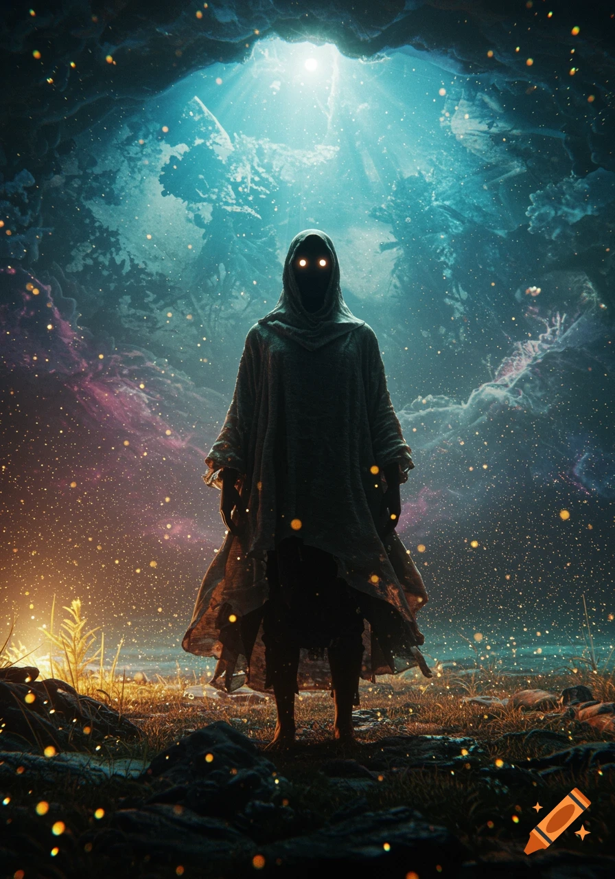 A mysterious cloaked figure with glowing eyes stands in a dark cave opening filled with celestial light and sparkling particles.