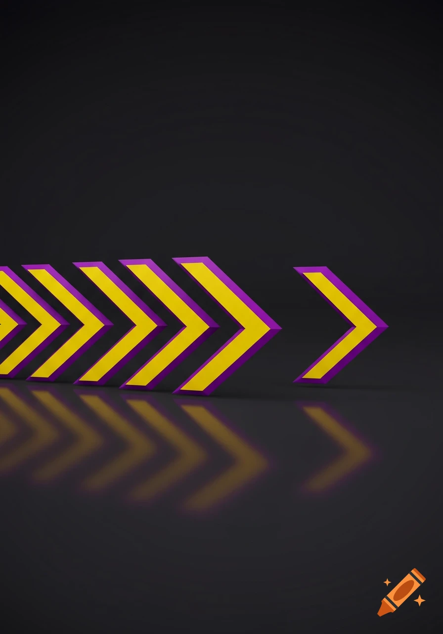 A row of yellow arrows with purple borders pointing right on a dark reflective surface.