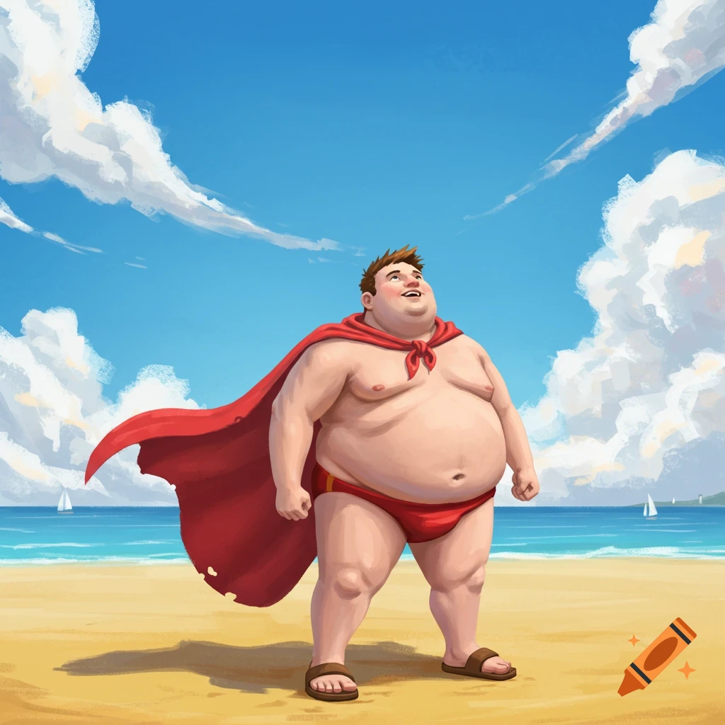 A cartoonish fat man in a red speedo and cape stands on a sunny beach, looking up at the sky with a happy expression.
