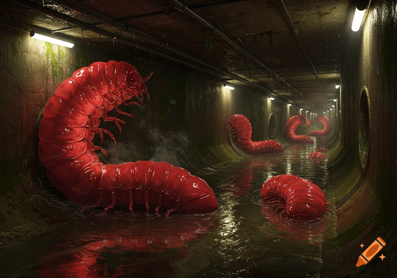 Giant red centipede-like creatures crawl through a dark, wet, lit sewage tunnel.