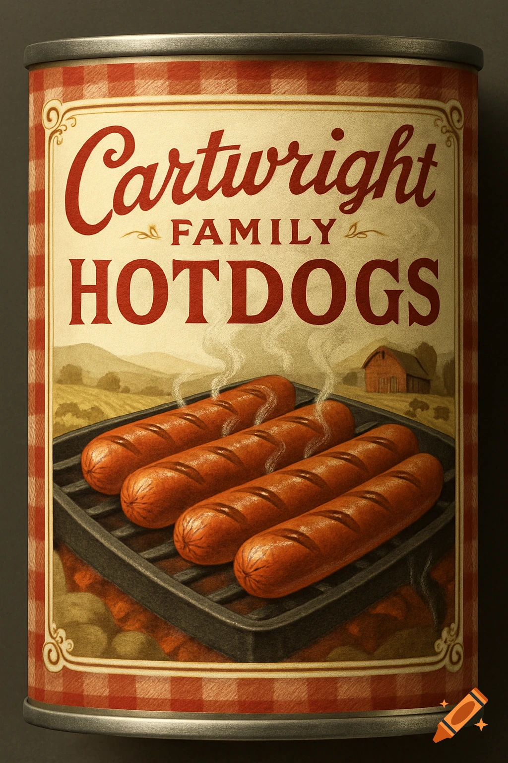 A vintage-style illustration of a "Cartwright Family Hotdogs" can with four hot dogs on a grill, emitting steam.