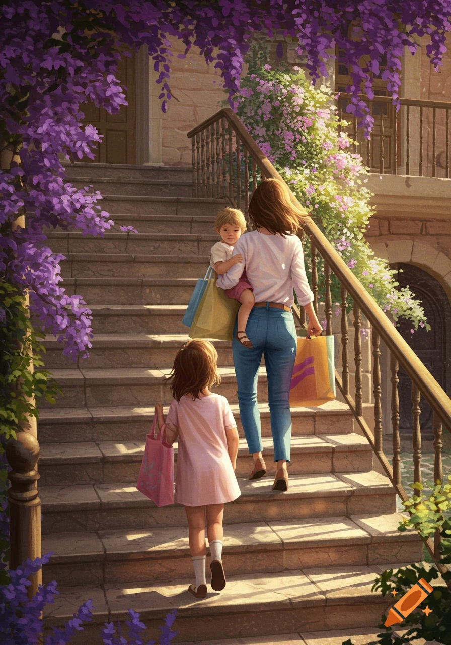 A mother walks up stairs with two children and shopping bags, surrounded by purple wisteria and flowers.