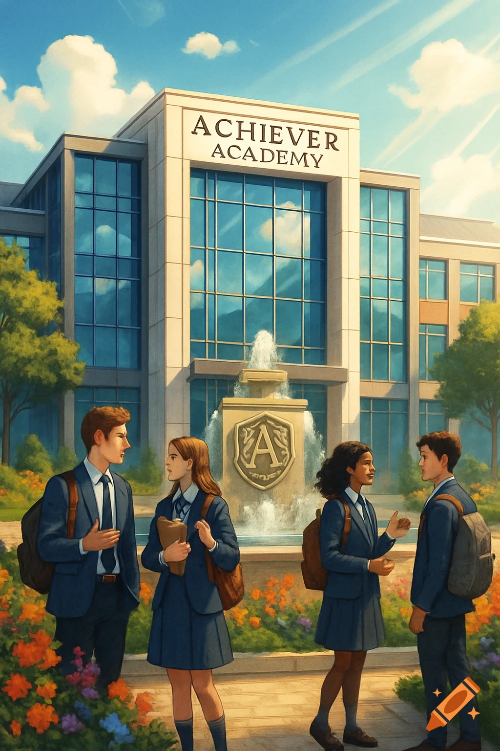 Four students in uniform converse outside the Achiever Academy building with a fountain, in an illustrative style.