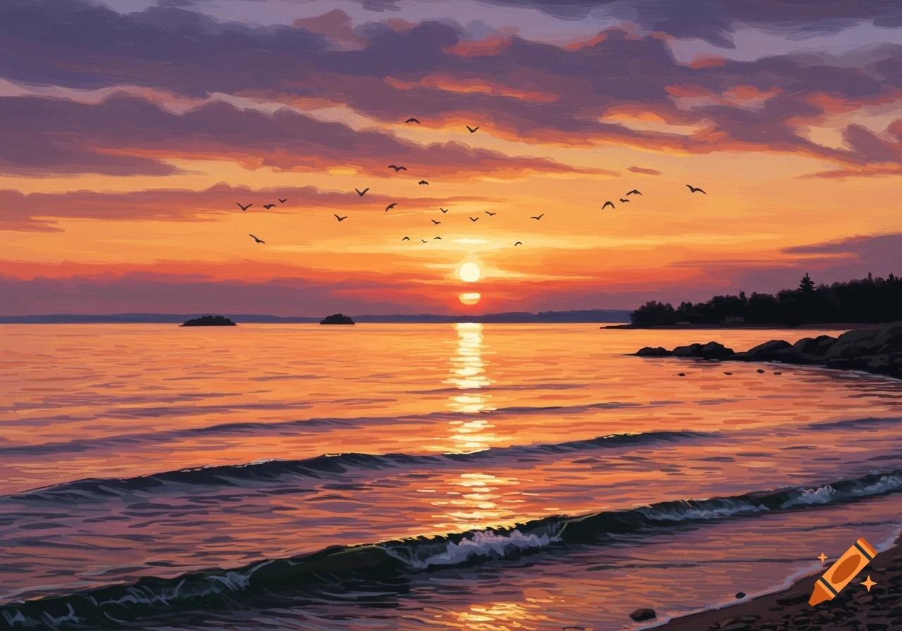 A vibrant orange and purple sunset over a body of water with birds flying in the sky. The sun reflects brightly on the water, with a rocky shore and islands in the distance.