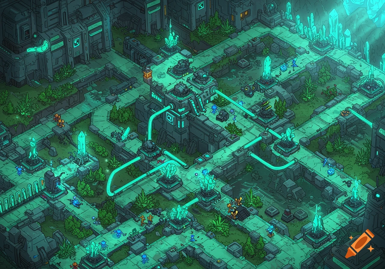 Detailed isometric illustration of a futuristic sci-fi fortress map with glowing teal energy lines and small figures.