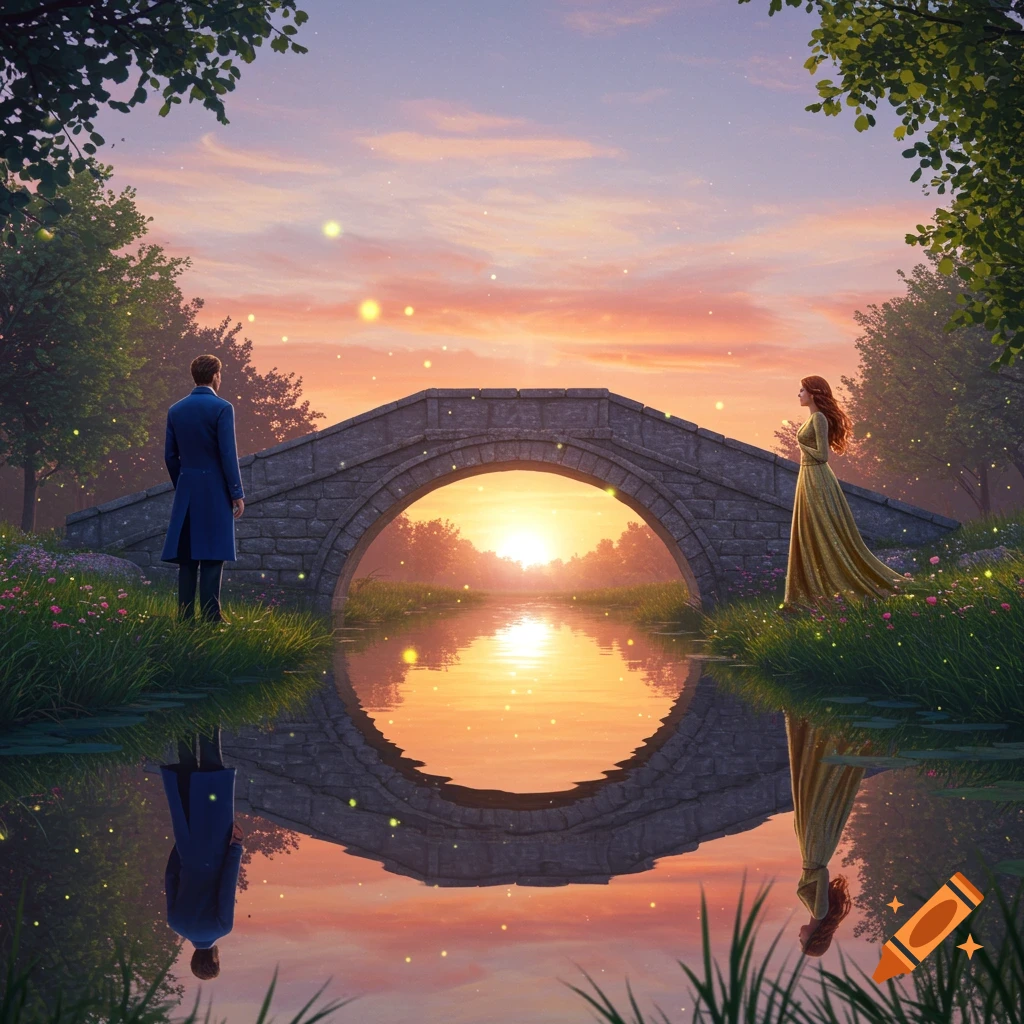 A man and woman stand on opposite sides of a stone bridge over water, bathed in the light of a sunset with glowing fireflies.