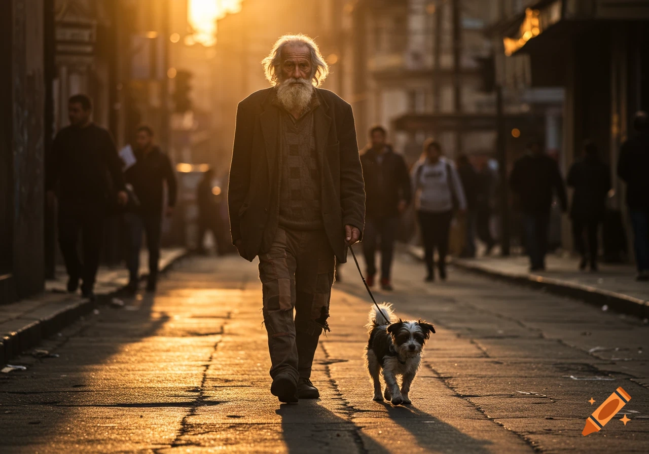An old man with a long beard walks a small dog down a sunlit city street at golden hour, with blurred people in the background. Photorealistic.