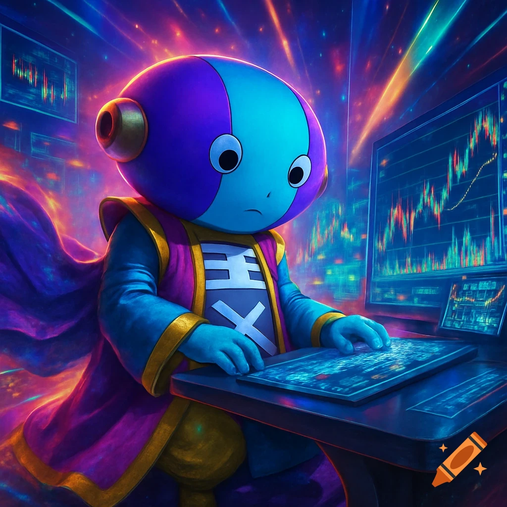 A blue and purple alien-like character with a cloak types on a futuristic keyboard, surrounded by glowing stock charts and neon lights.