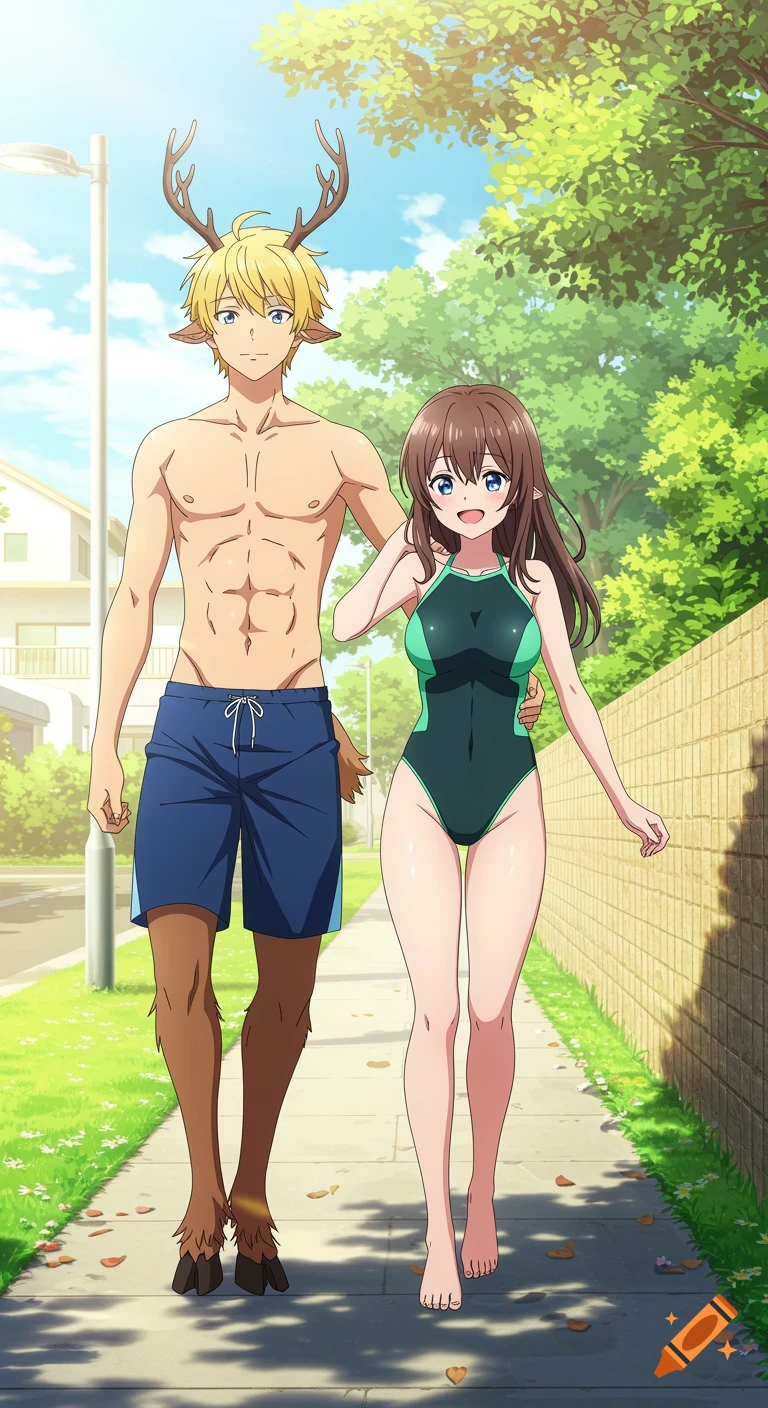 Anime style image of a satyr man with antlers and a brunette woman in swimsuits walking barefoot on a sunny sidewalk.