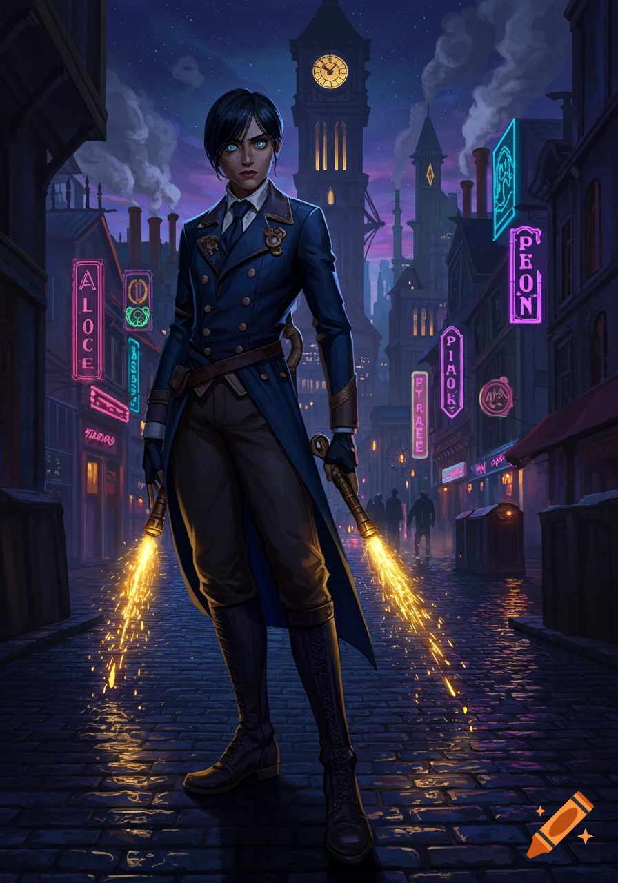 A character resembling Caitlyn Kiramman from Arcane stands in a dark, neon-lit steampunk city street, holding two glowing, spark-emitting devices. She wears a blue military-style uniform and has short dark hair and glowing blue eyes.