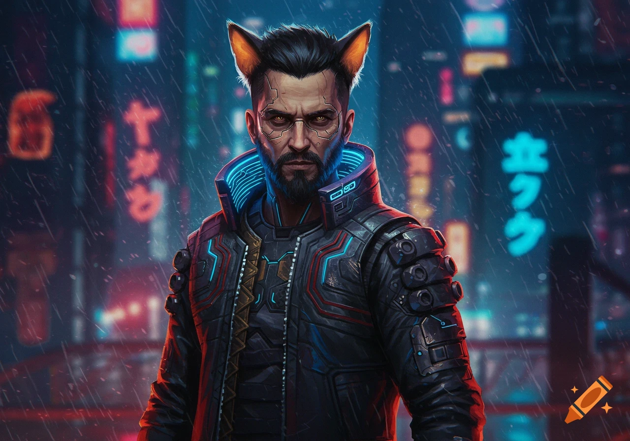 A man with cat ears, cybernetic implants, and a futuristic jacket stands in a rainy, neon-lit cyberpunk city.