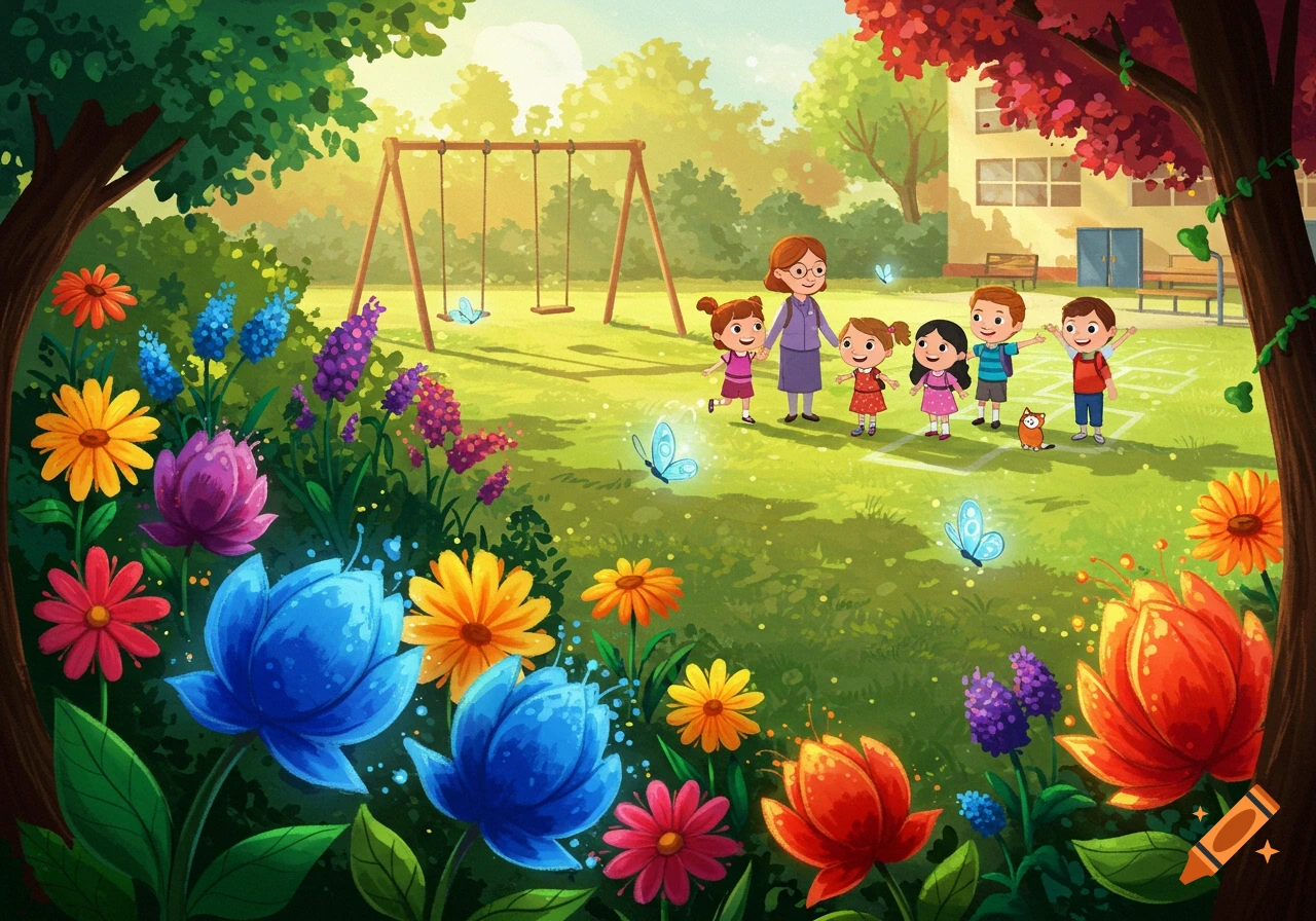 A colorful cartoon scene of a teacher and five children in a schoolyard with a vibrant flower garden and swing set.
