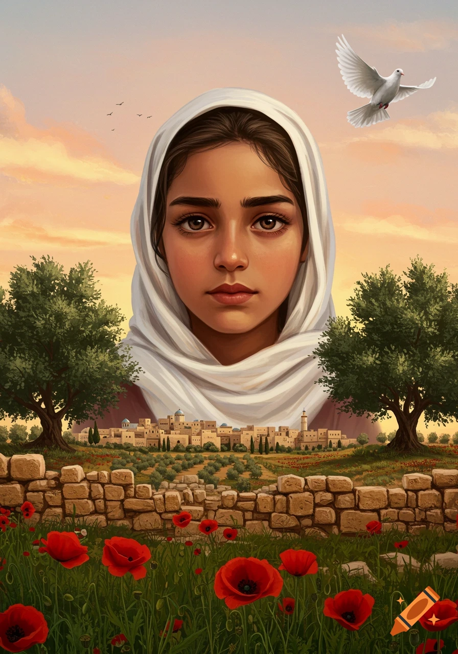 A serene painting of a woman in a white headscarf, with a Middle Eastern village, olive groves, and red poppies below. A white dove flies in the sky.