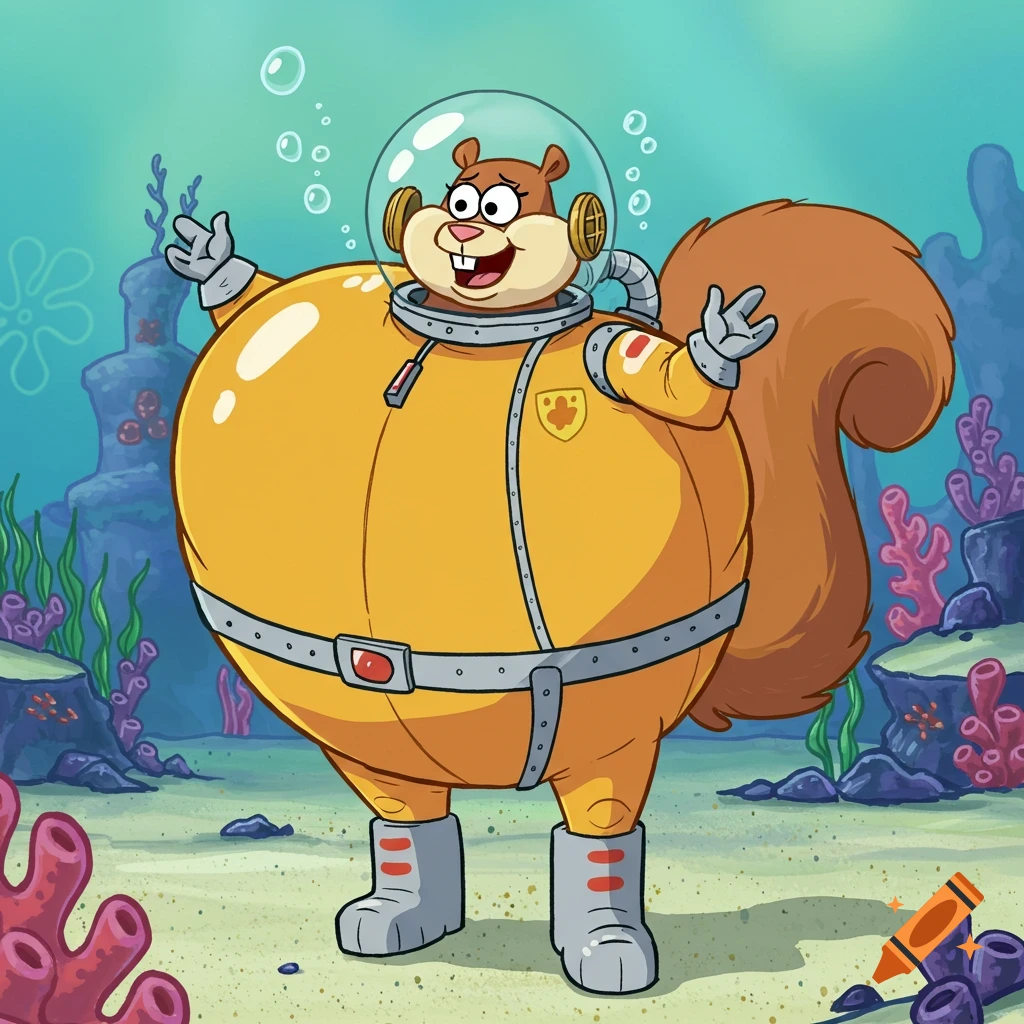 A cartoon image of Sandy Cheeks from Spongebob Squarepants, greatly inflated in her yellow deep-sea diving suit, floating underwater.