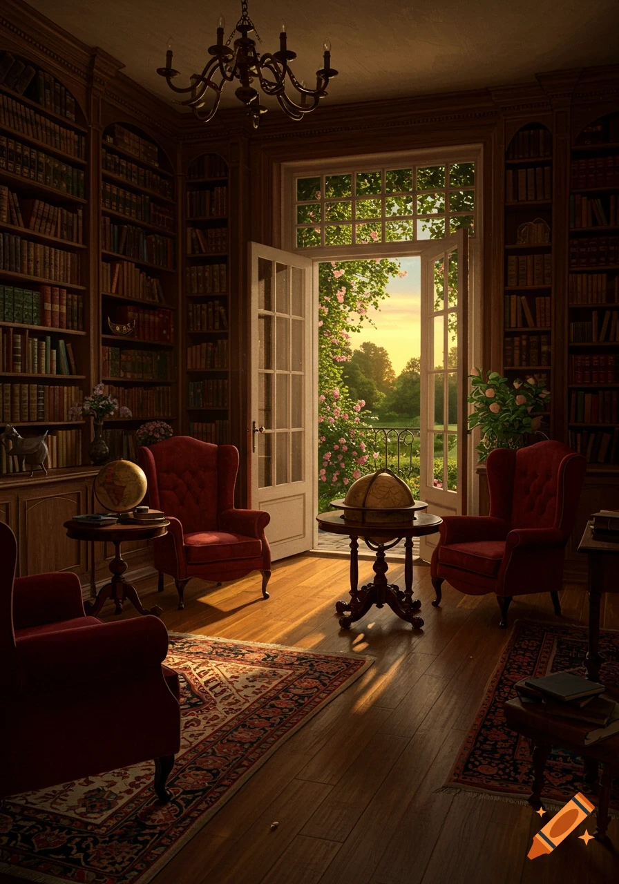 A grand Victorian library with red armchairs and globes, looking out through French doors to a lush garden at sunset.