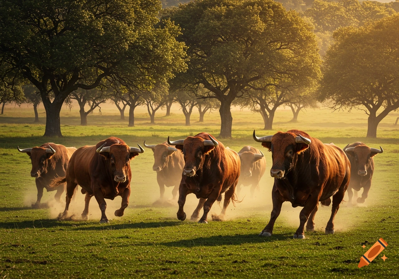 Several brown bulls run across a green, dusty field with trees in the background under golden sunlight.