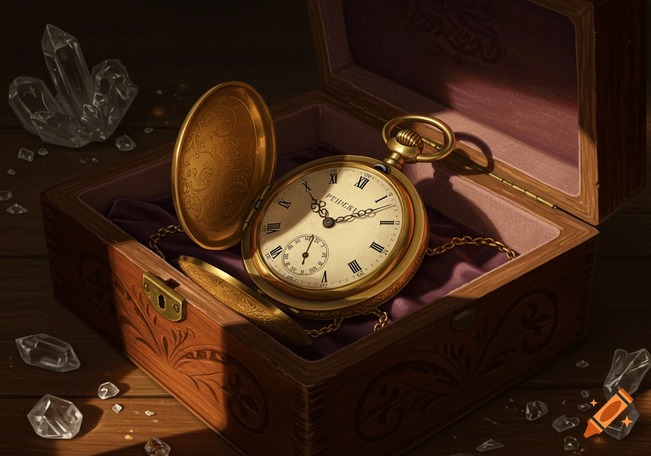 An open golden pocket watch with roman numerals resting in a dark wooden box lined with purple velvet, surrounded by scattered clear crystals.
