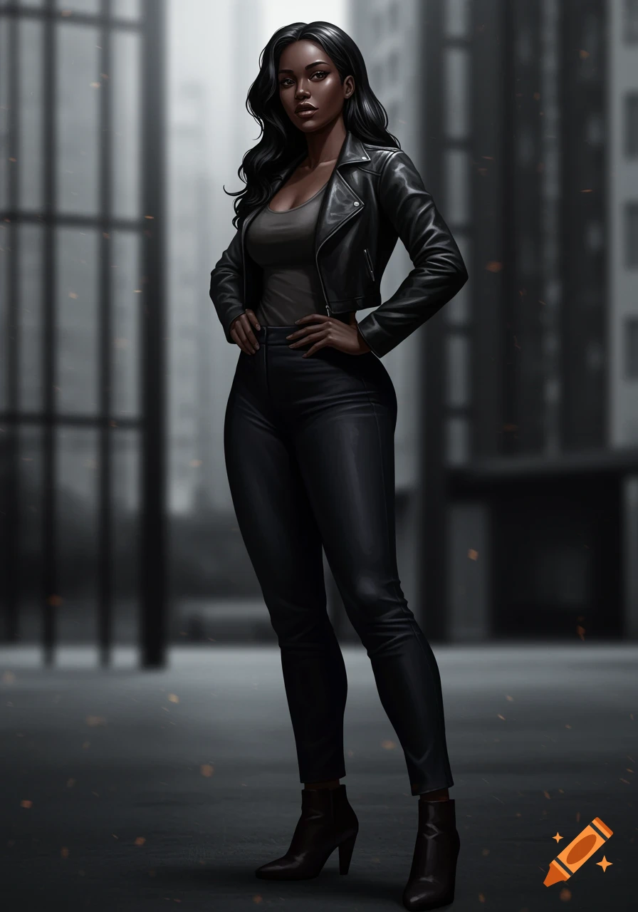 A tall, confident woman with long black hair, wearing a black leather jacket and dark pants, stands against a minimalistic city background.