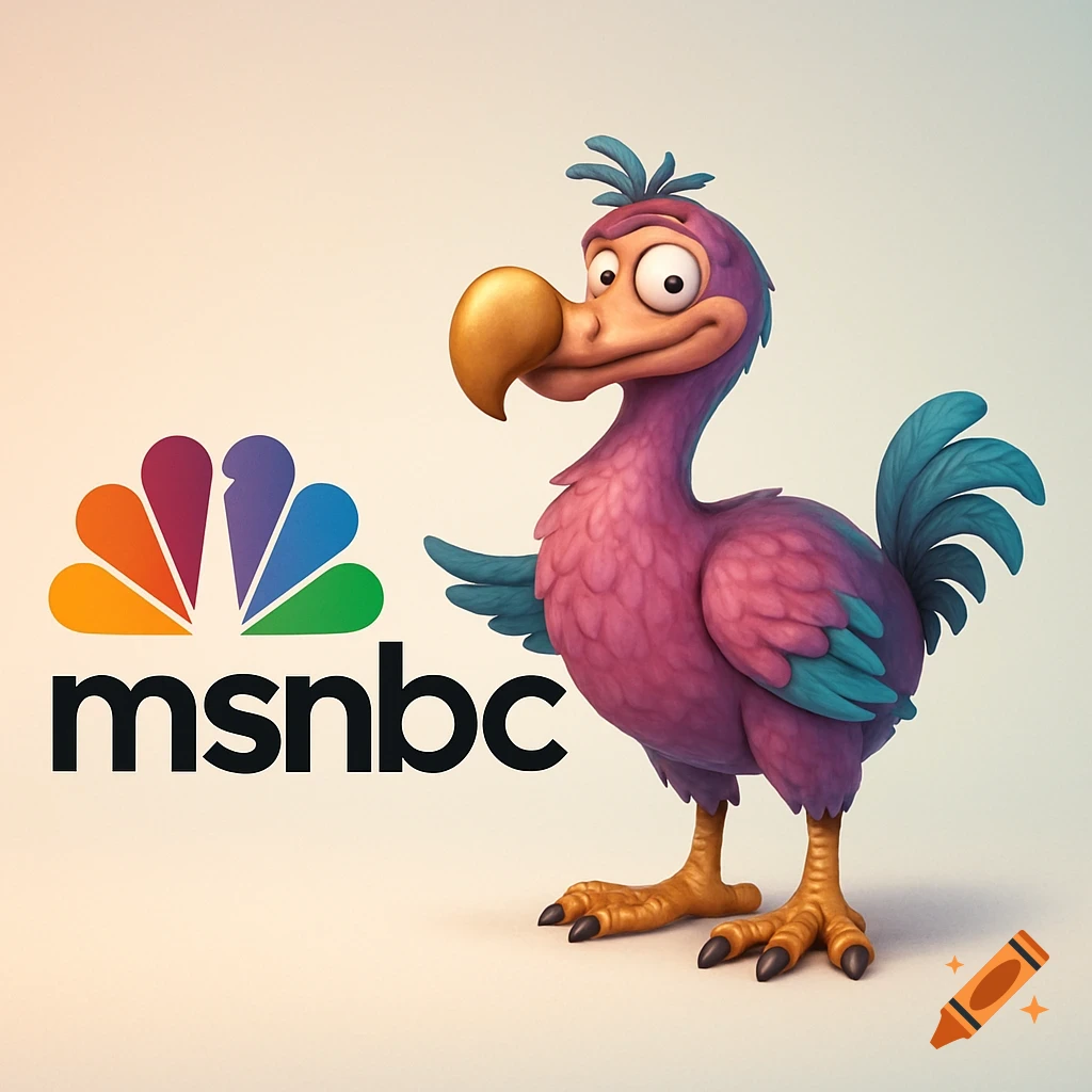 A cartoon dodo bird stands next to the MSNBC logo on a light background.