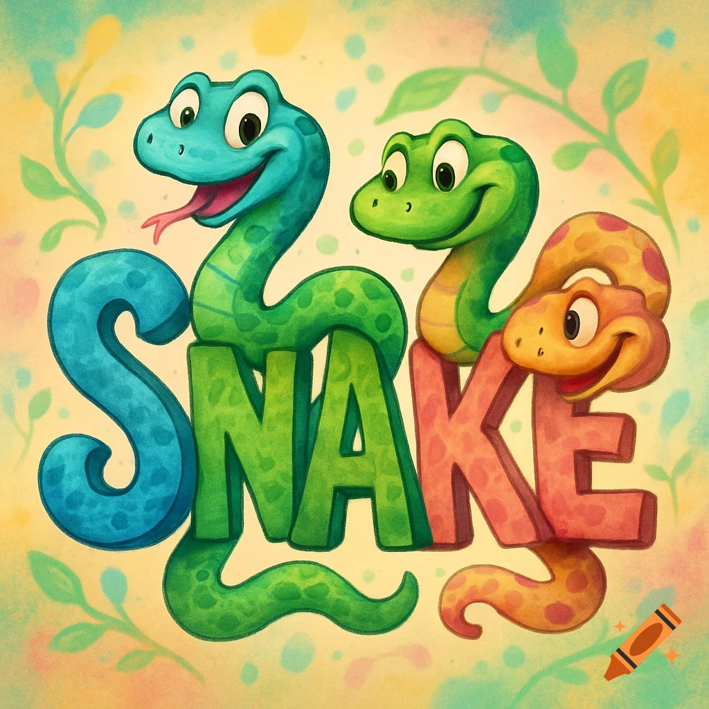 Three cartoon snakes, blue, green, and orange, cleverly form the word 'SNAKE' in a whimsical illustration.