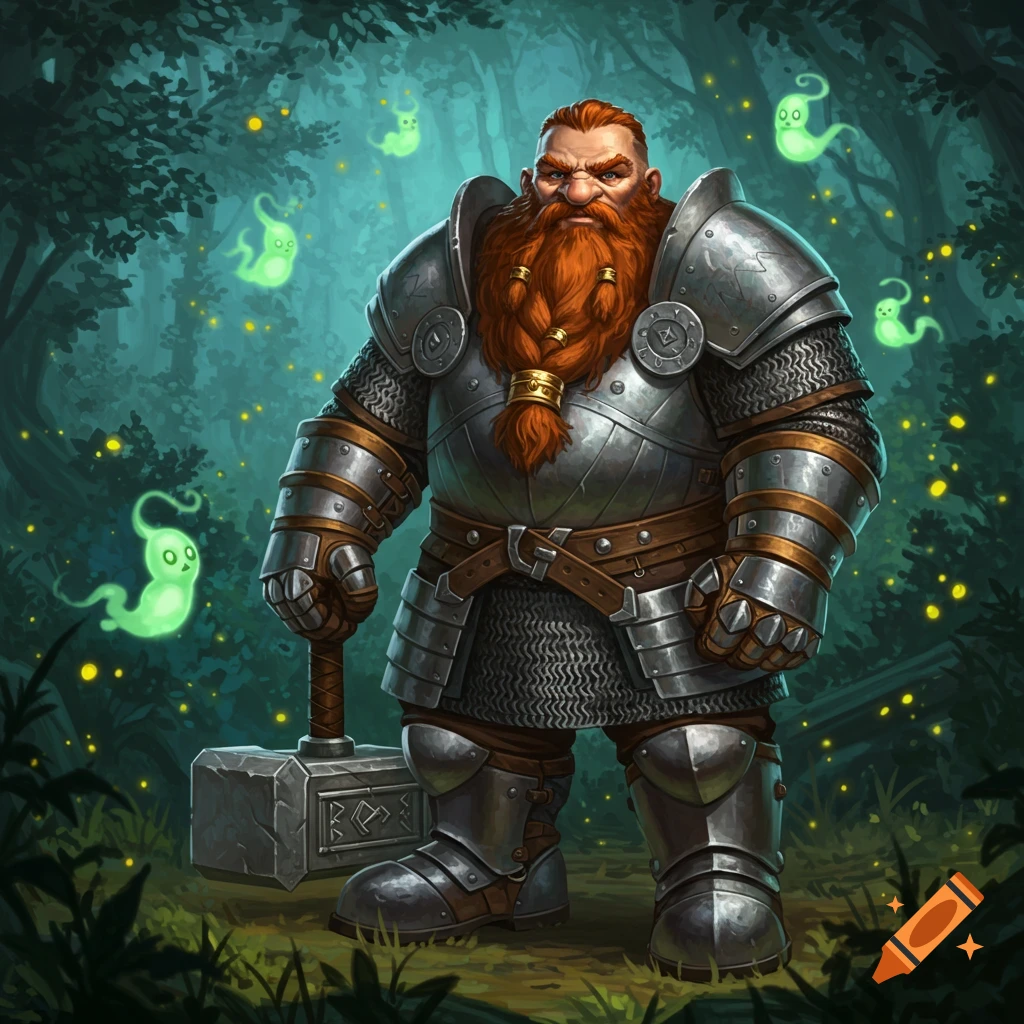 A fantasy dwarf in full plate armor holding a large hammer stands in a mystical forest with glowing green spirits.