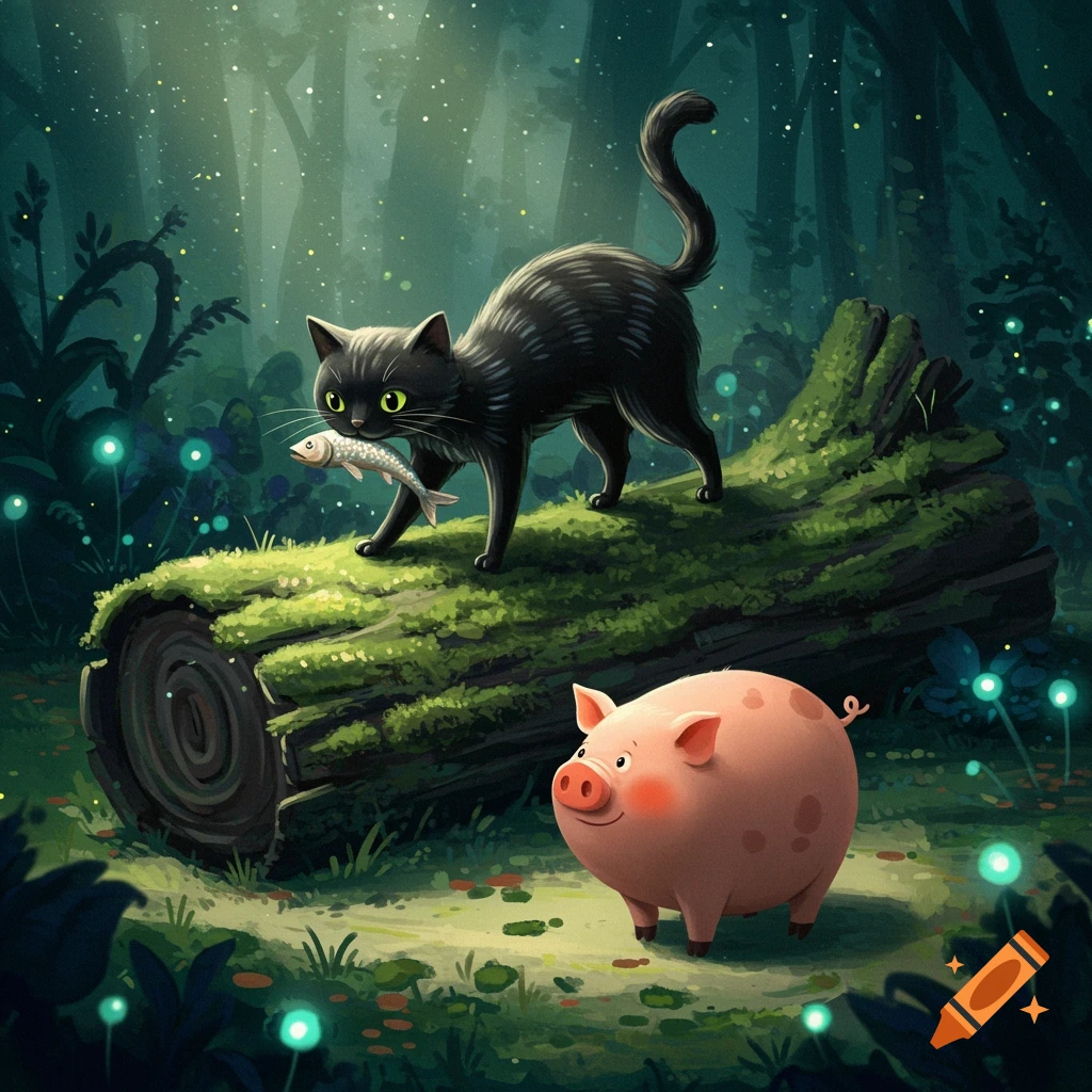 A whimsical cartoon illustration of a black cat holding a fish on a mossy log, looking at a pink pig in an enchanted forest with glowing lights.
