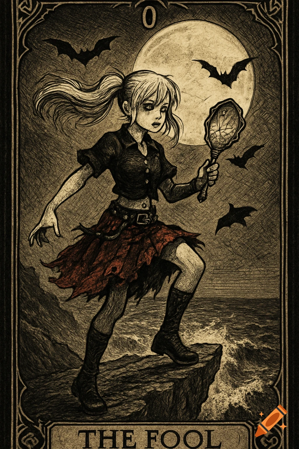 Gothic anime tarot card 'The Fool' with a blonde vampire girl holding a broken mirror on a cliff under a full moon with bats.