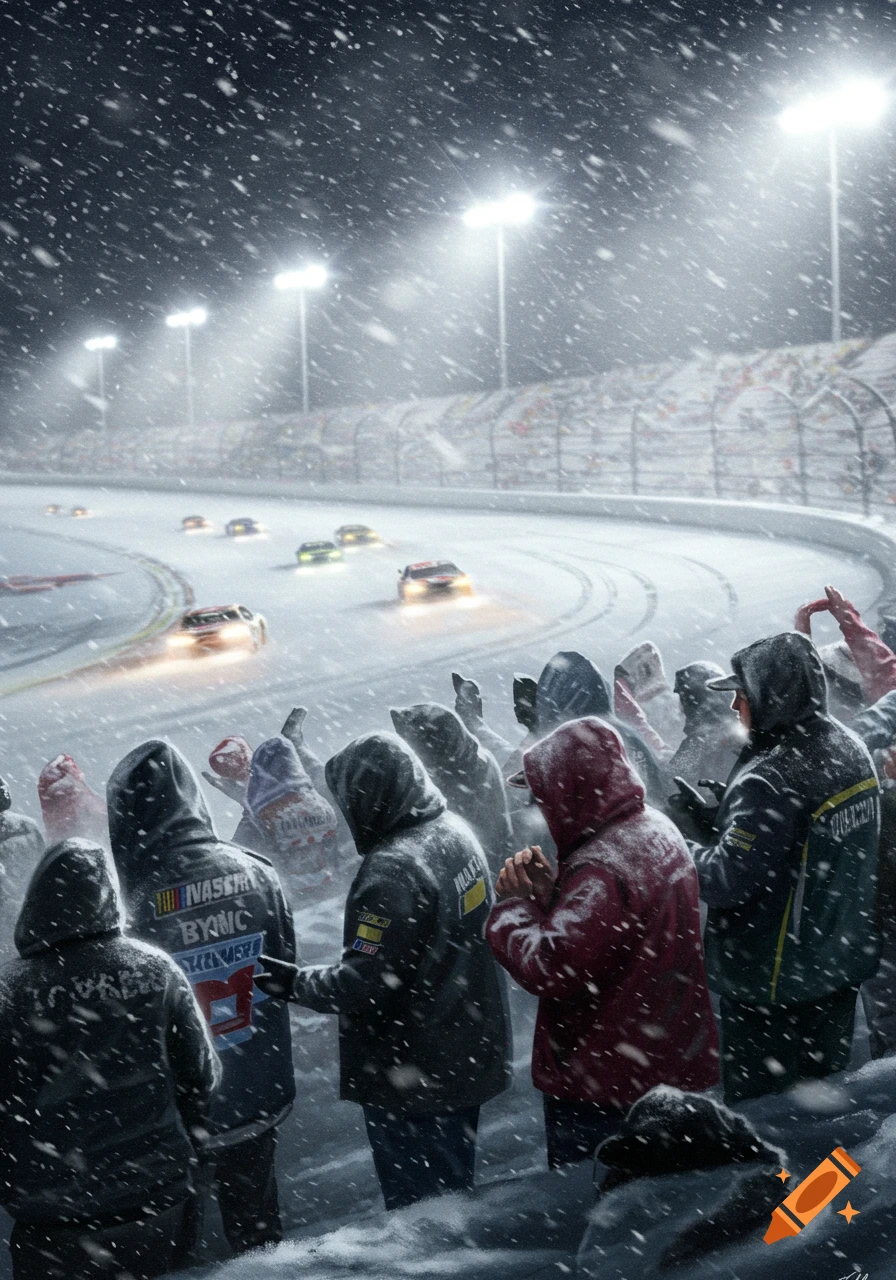 A photorealistic image of NASCAR fans watching a snowy race under bright stadium lights during a blizzard.