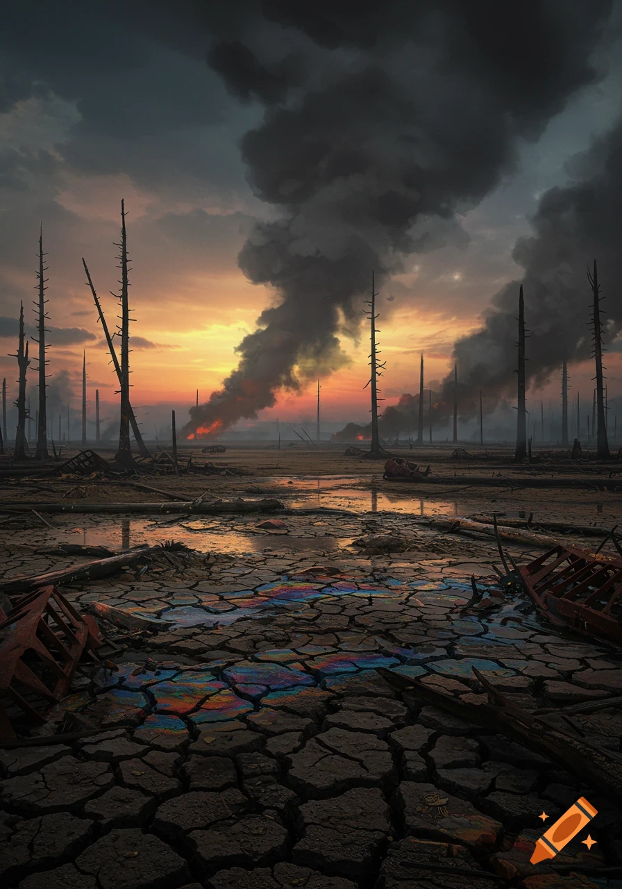 A desolate, cracked landscape under a fiery sunset, with dead trees, rising smoke plumes, and a rainbow oil slick on the ground.