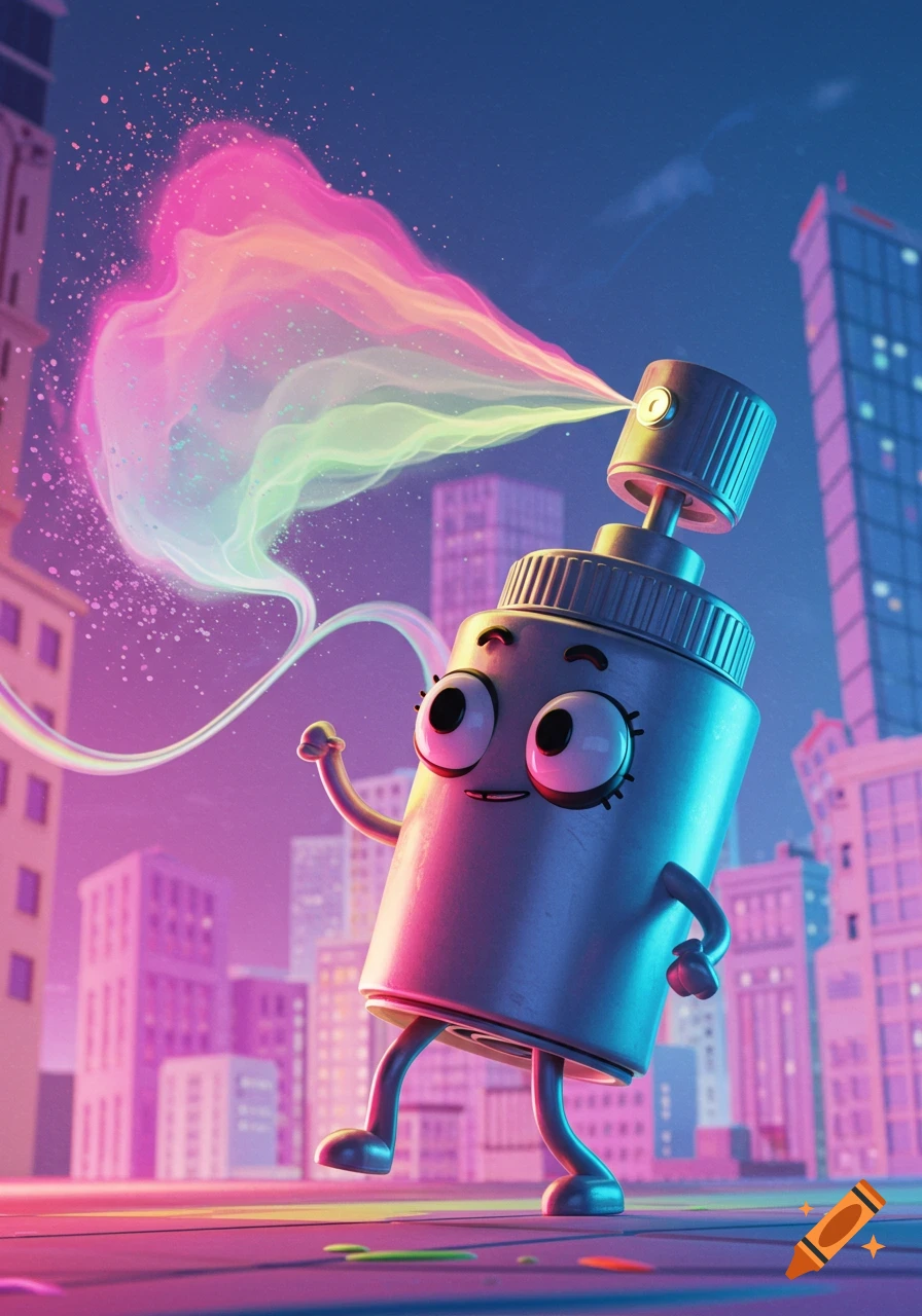A happy, whimsical spray paint can character sprays a rainbow of colors in a vibrant, stylized city setting.