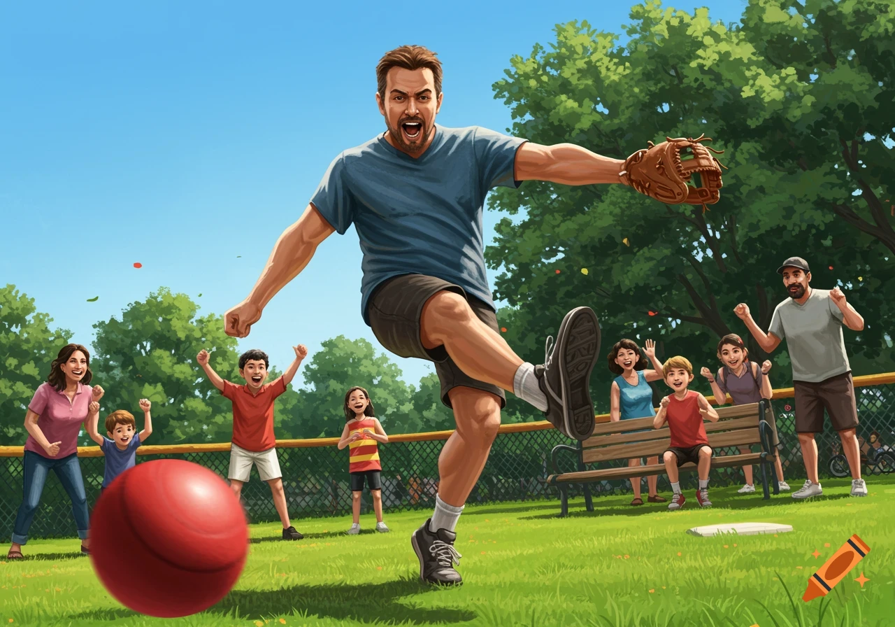 An illustration of a man enthusiastically kicking a large red kickball in a park, surrounded by cheering adults and children.
