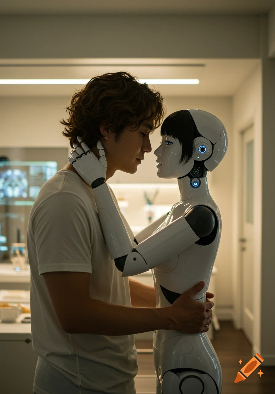 A man with curly brown hair embraces a white android with blue eyes in a futuristic apartment.