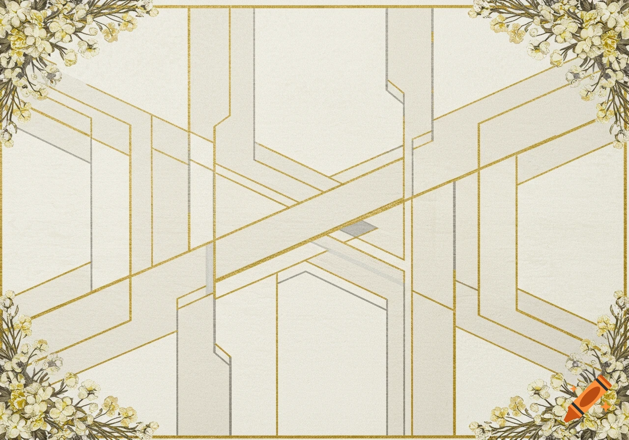 Elegant background with gold and silver geometric lines on a cream texture, adorned with white and yellow flowers in the corners.