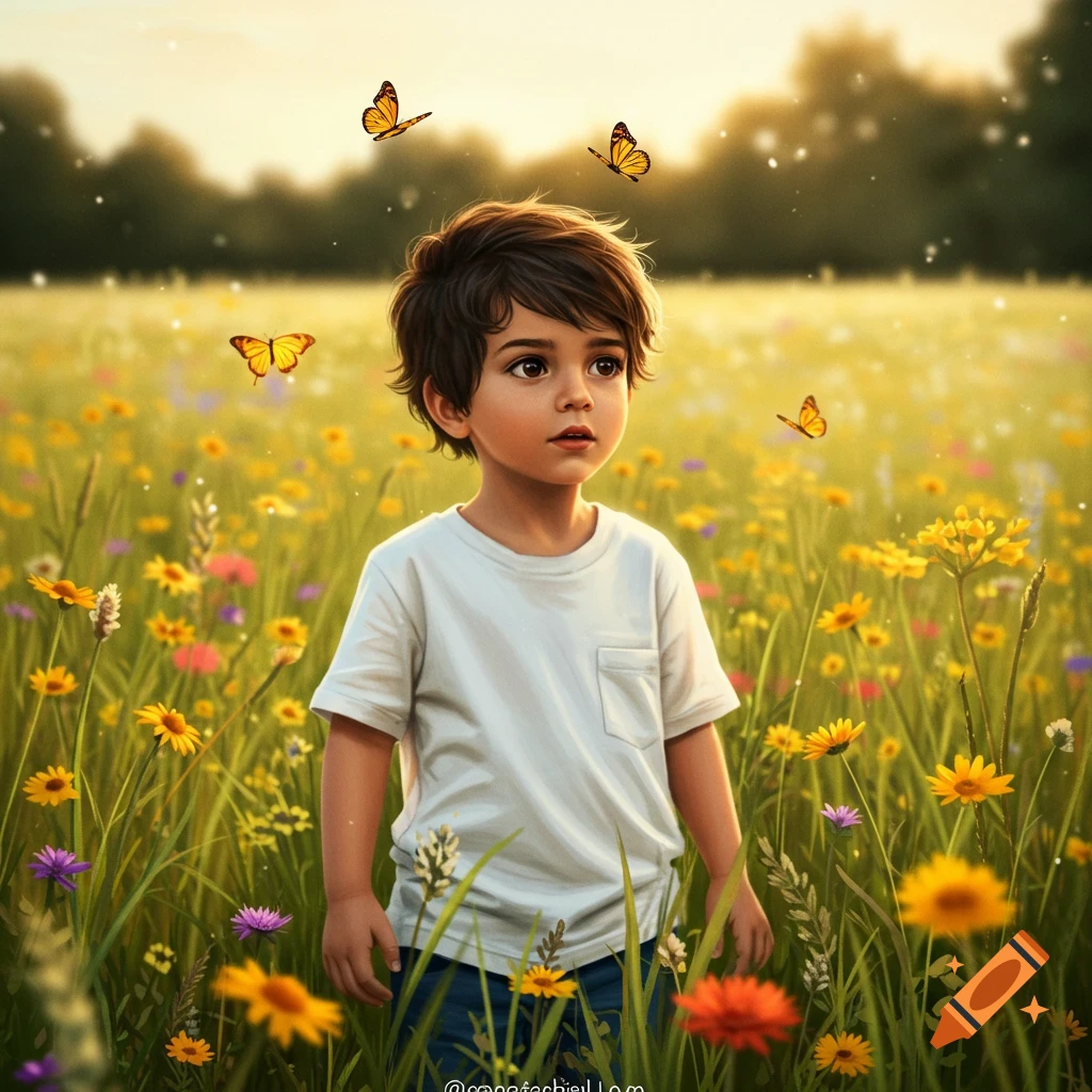 A young boy stands in a field of colorful wildflowers with butterflies flying around him.