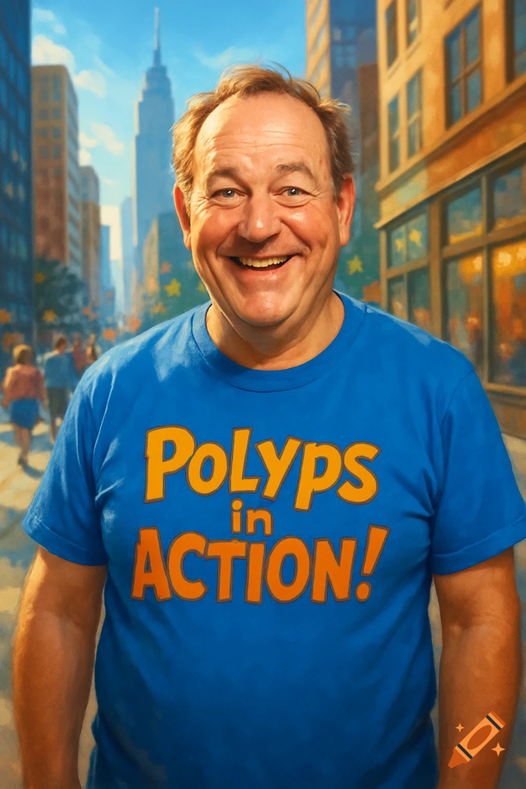 A friendly man in a blue t-shirt with 'Polyps in ACTION!' smiles on a bustling city street. Photorealistic style.