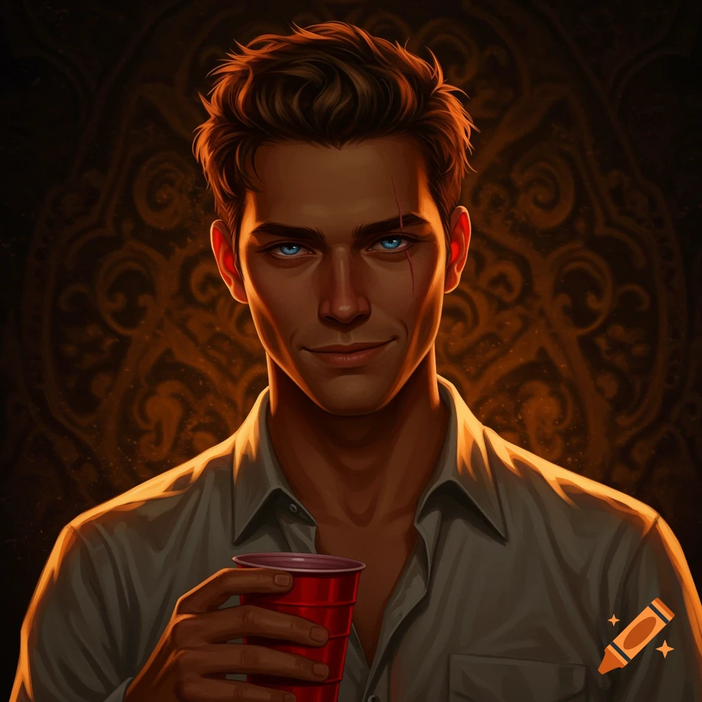 A handsome man with brown hair, electric blue eyes, and a face scar, smirks while holding a red solo cup, digital art.