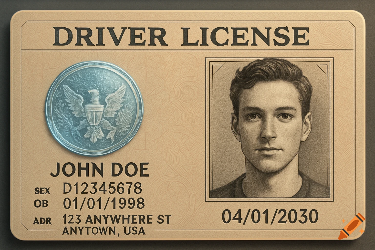 A photorealistic image of a fake driver's license with 'DRIVER LICENSE' and a portrait of a young man.