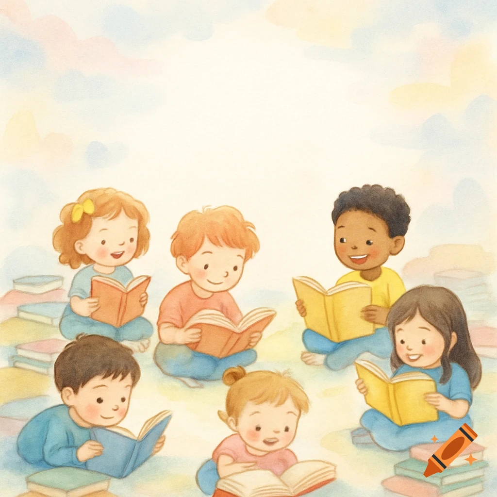 Watercolor illustration of diverse happy children sitting in a circle, reading books.