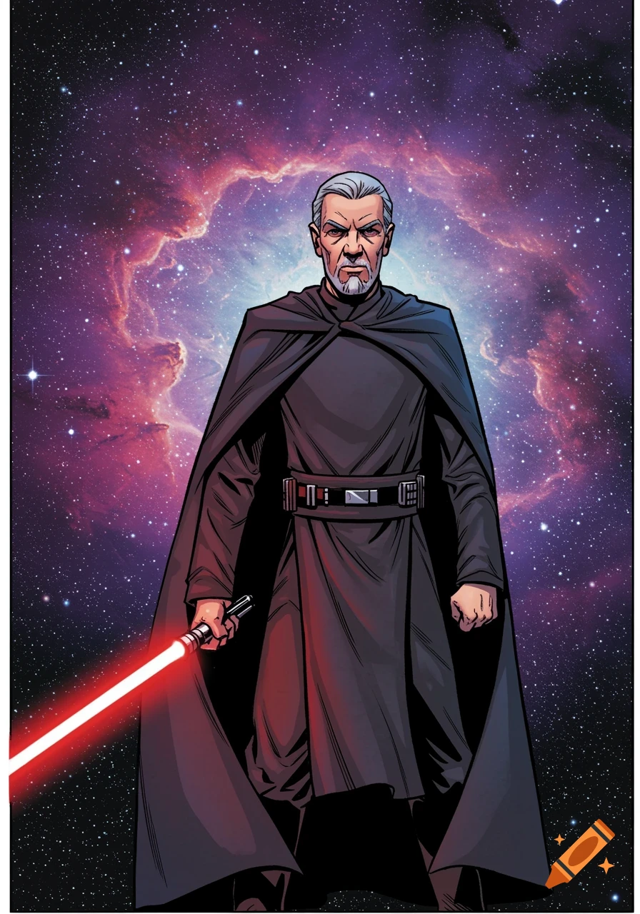 Comic book art of Count Dooku in a black cape holding a red lightsaber against a purple nebula and starry space.