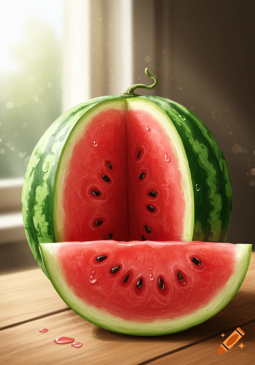 A vibrant illustration of a whole watermelon cut in half, with a slice resting in front, on a wooden surface.