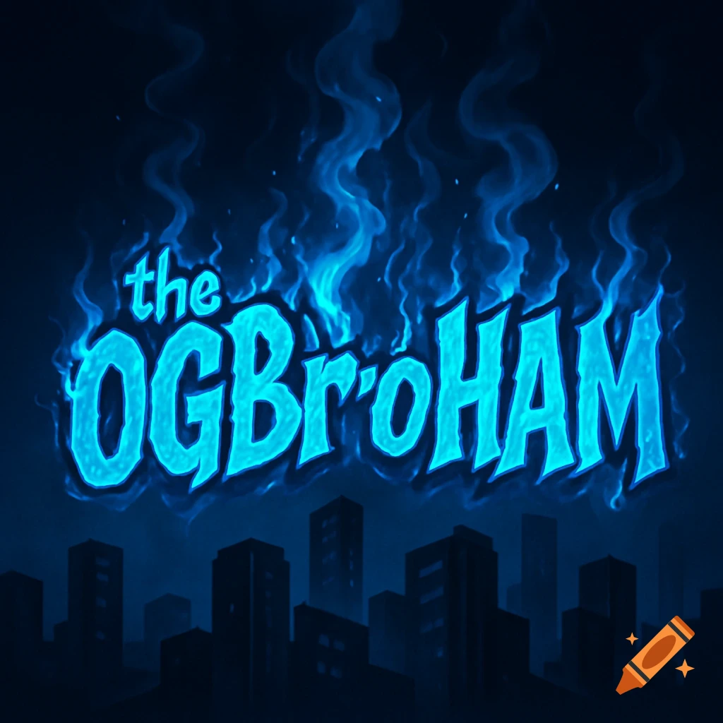 The text "the OGBroHAM" in bright blue fiery letters, set against a dark background with a silhouette of a city skyline below.