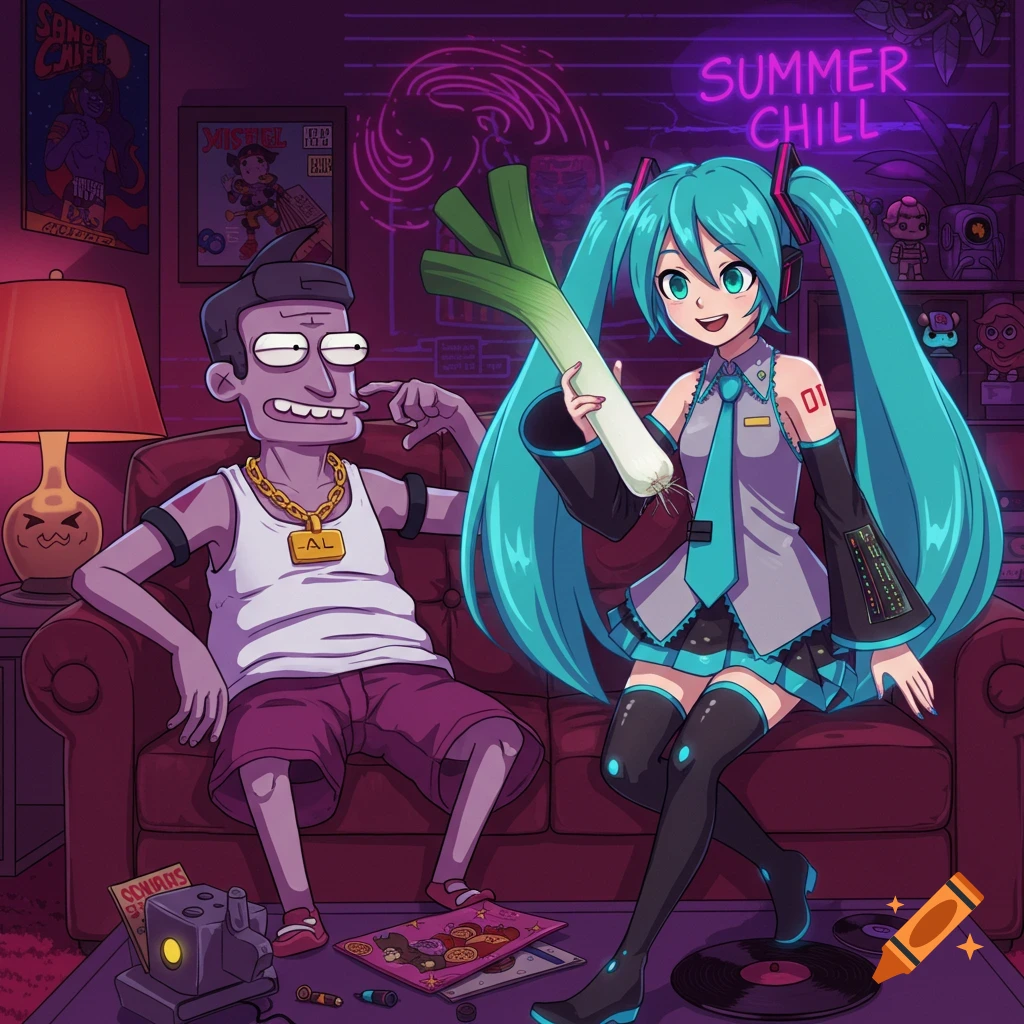 Carl from Aqua Teen Hunger Force and Hatsune Miku relaxing on a sofa in a neon-lit room, Miku holding a large leek.