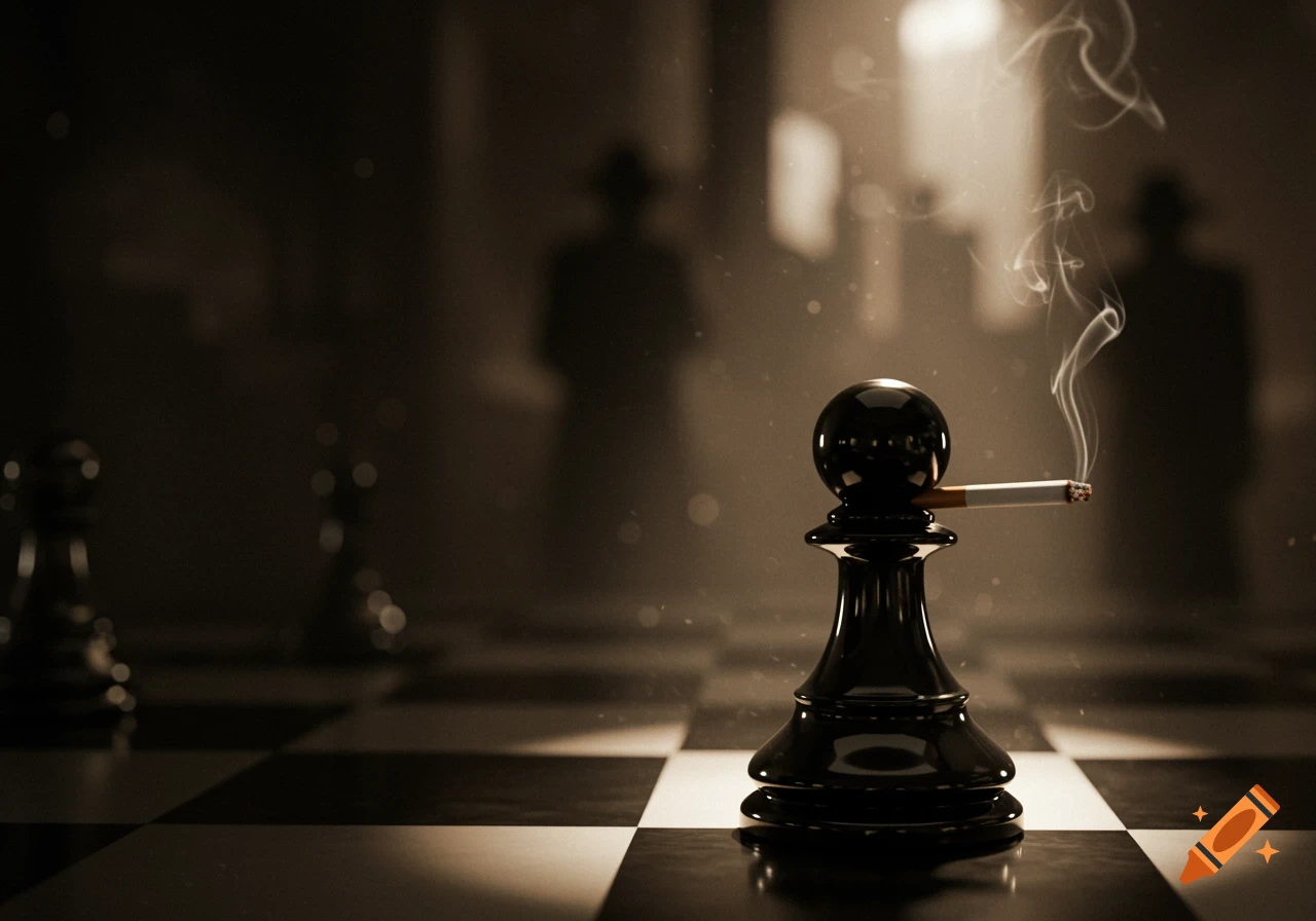 A dark, moody, noir-style image of a black chess pawn holding a lit cigarette with smoke rising, on a checkered board. Blurred figures are in the background.