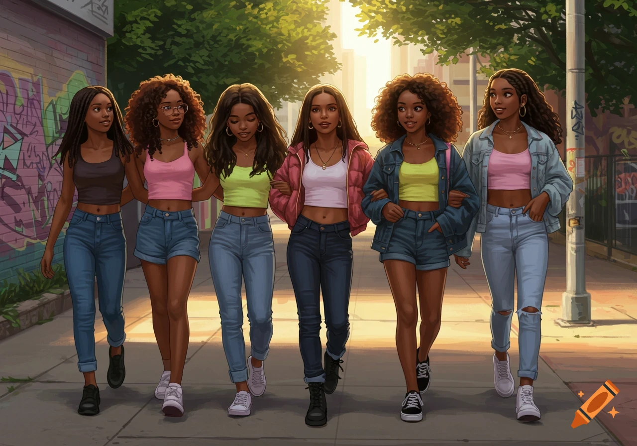 An illustration of six young Black women in casual attire walking arm-in-arm down a sunlit city street with graffiti-covered walls.