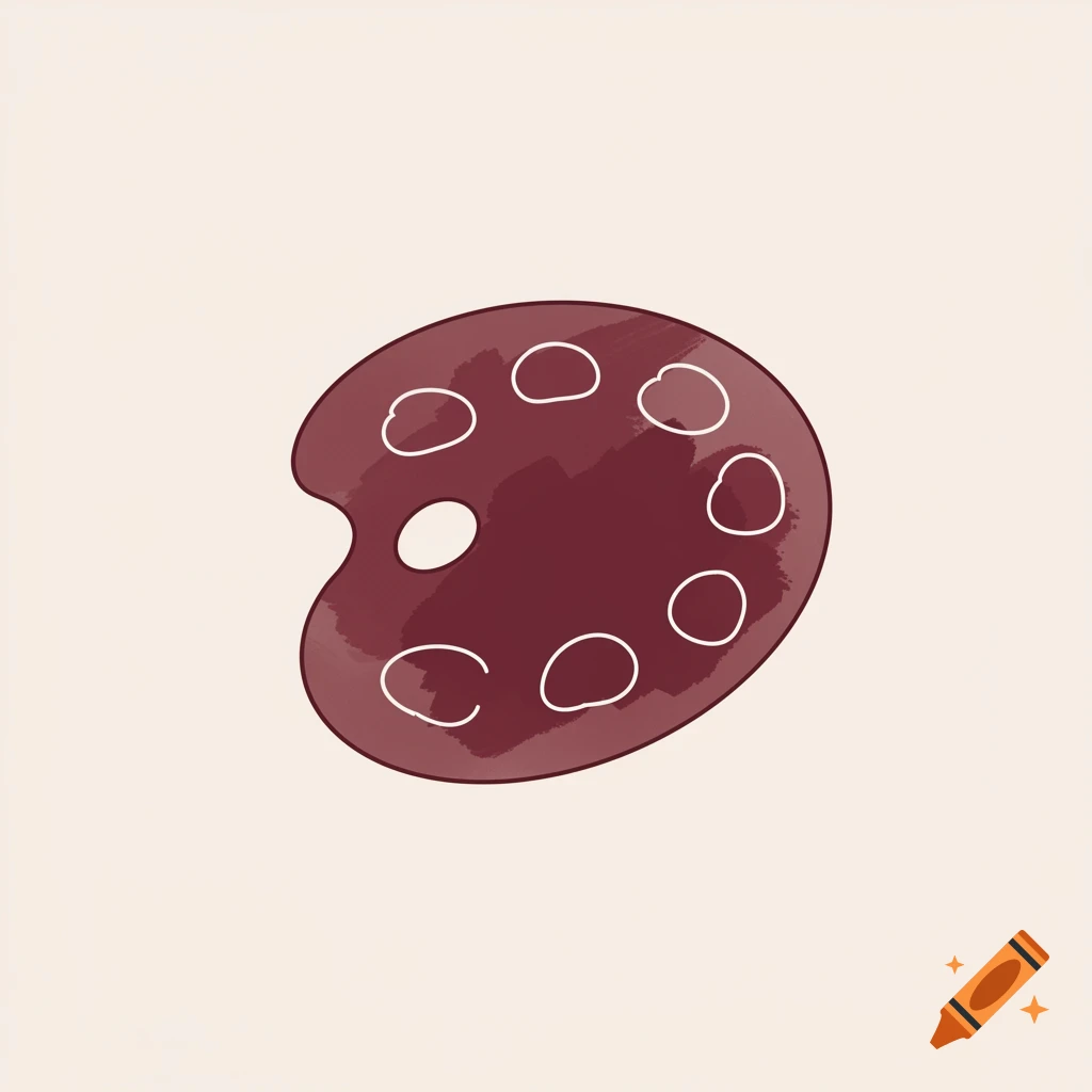 A maroon artist's palette icon with white outlines for paint dabs, against a light beige background.