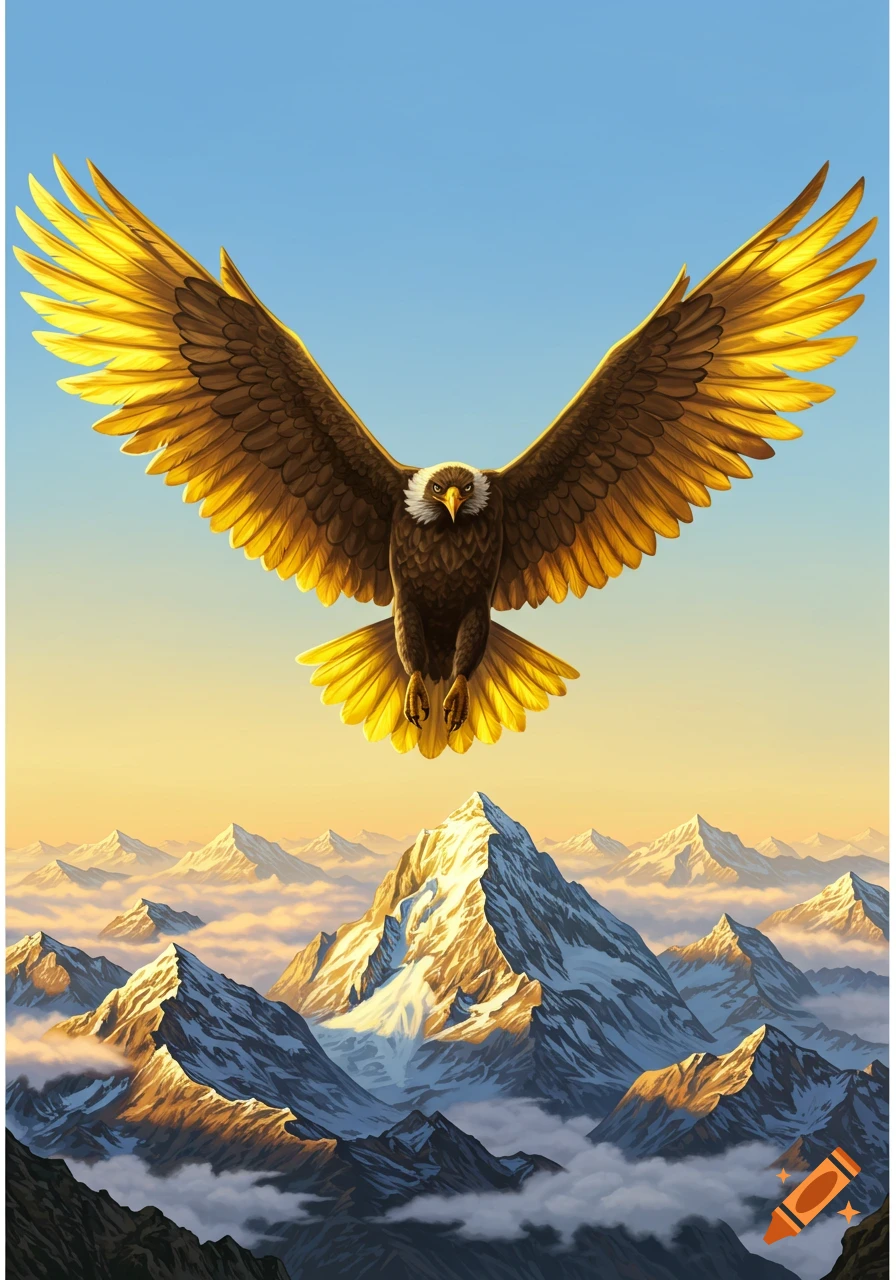 A majestic golden-winged eagle soars over snow-capped mountains and clouds during sunrise.